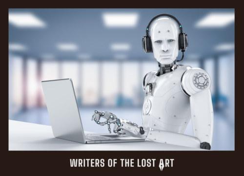 A robot sitting typing at a laptop on a desk