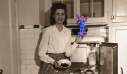 Is Your AI Content Safe to Use? A black and white photo of 1950s woman stanfing by a fridge, holidiung a modern day mini robot. The robot is in colour and represents AI.