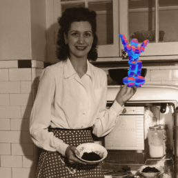 Is Your AI Content Safe to Use? A black and white photo of 1950s woman stanfing by a fridge, holidiung a modern day mini robot. The robot is in colour and represents AI.