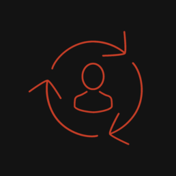 Arrows going round in a circle around the outline of a person. Red on black background